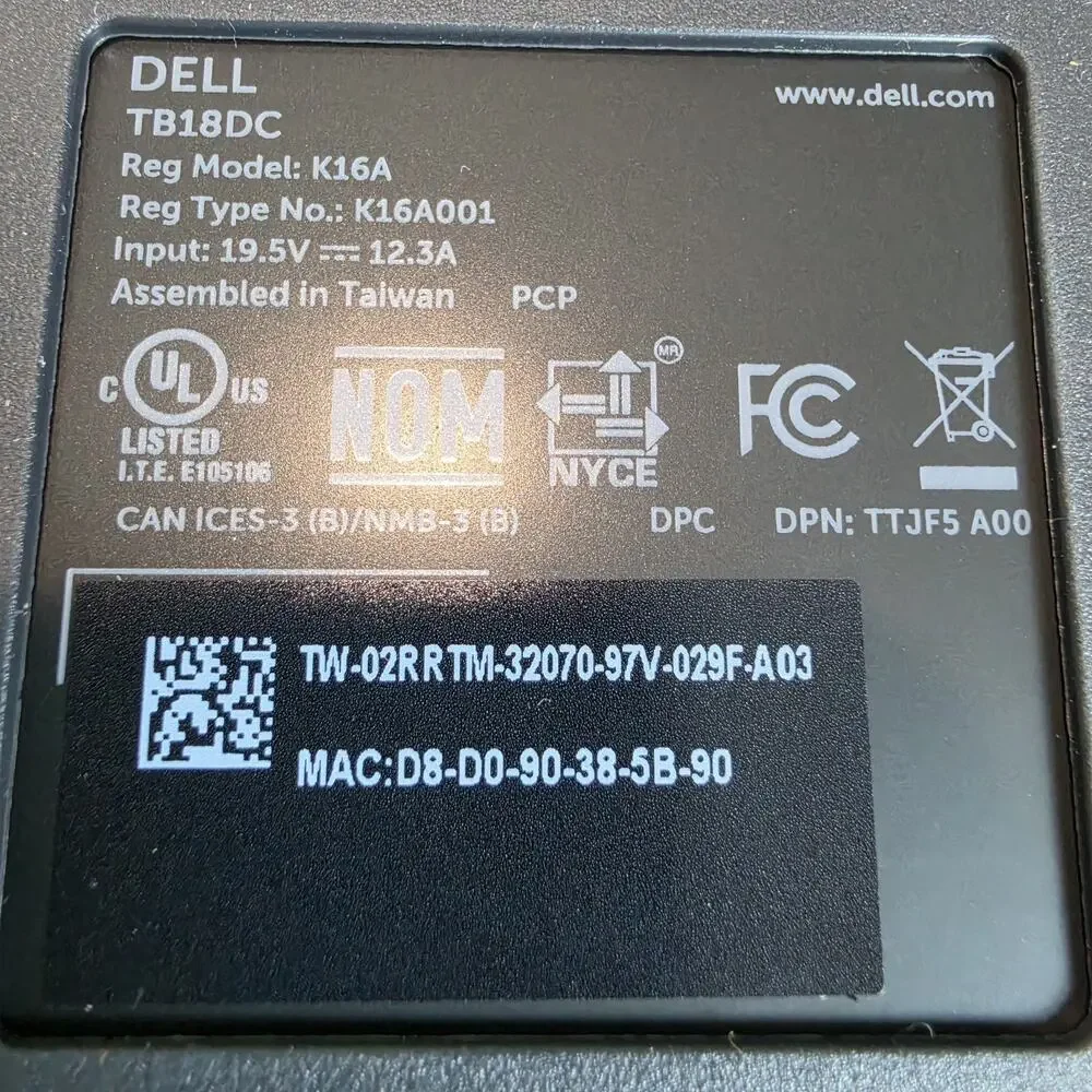 New Dell TB18DC Thunderbolt Dock K16A Dual USB-C Docking Station No AC Adapter